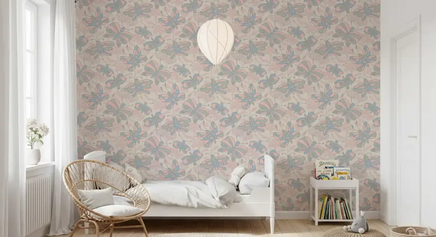 Flutter Cottagecore Spring Butterfly Floral Pastel Blue Gray Blush Wallpaper