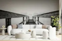Monochrome Foggy Wooden Bridge Wall Mural
