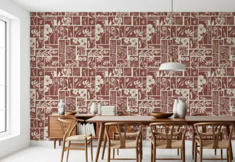 Terracotta Folk Floral Block Print Wallpaper