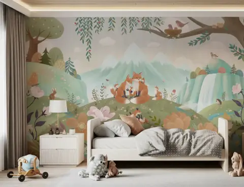 Pastel Woodland Fox Family Kids Wall Mural