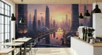 Grand Futuristic Metropolis Sunset Wall Mural