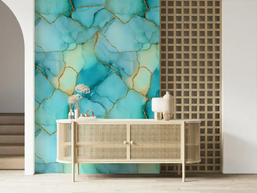 Gilded Aqua Dreams Marble Wallpaper