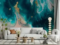 Luxurious Teal Gold Fluid Abstract Wall Mural