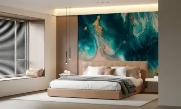 Luxurious Teal Gold Fluid Abstract Wall Mural