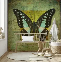 Emerald Teal Butterfly Antique Text Wallpaper