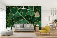 Emerald Green Geometric Gold Line Wall Mural