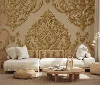 Opulent Gold Damask Scrollwork Wall Mural
