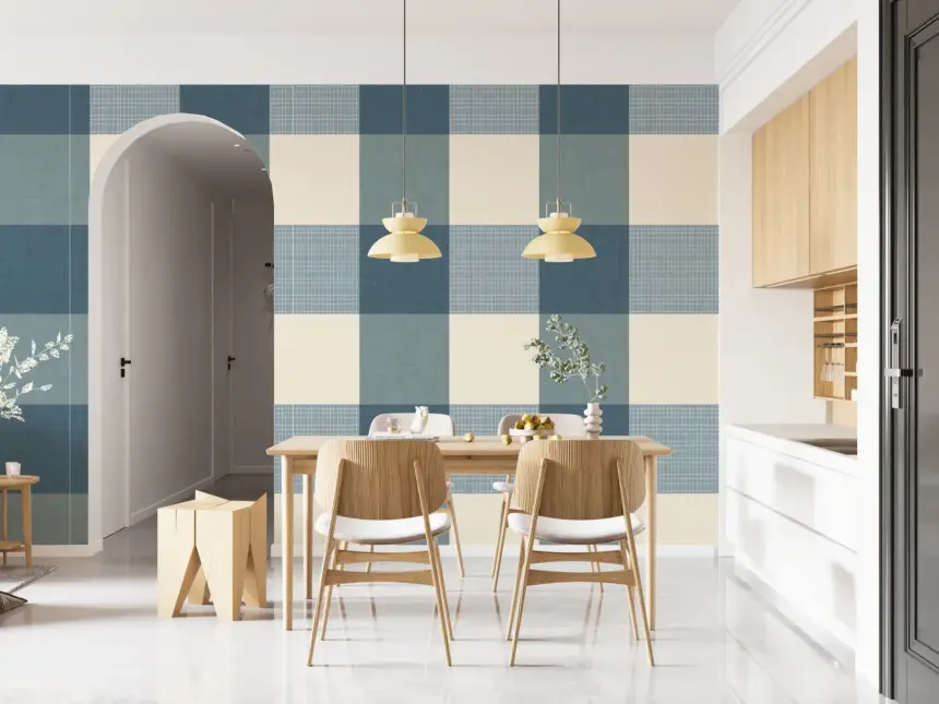 Gingham Dusty Blue Linen Texture Country Wallpaper