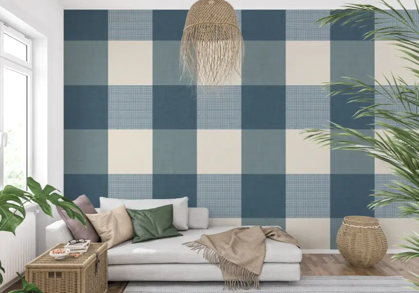 Gingham Dusty Blue Linen Texture Country Wallpaper