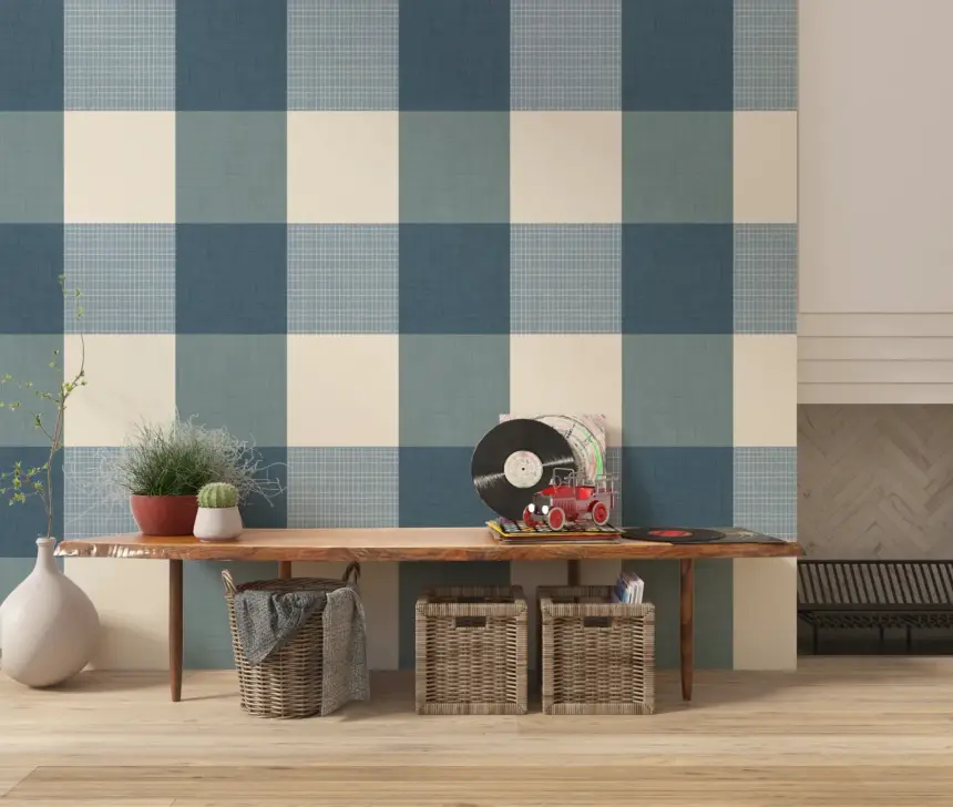 Gingham Dusty Blue Linen Texture Country Wallpaper