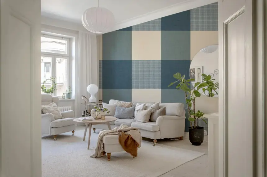 Gingham Dusty Blue Linen Texture Country Wallpaper