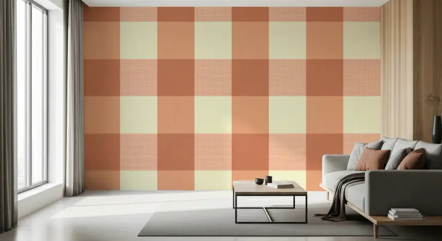 Gingham Peach Linen Texture Country Wallpaper