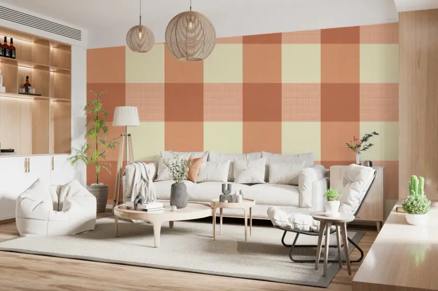 Gingham Peach Linen Texture Country Wallpaper