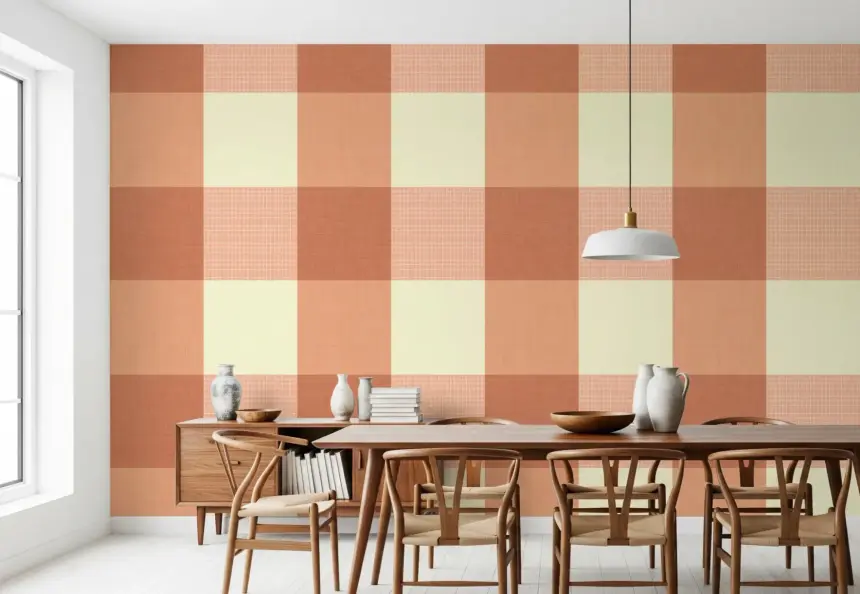 Gingham Peach Linen Texture Country Wallpaper