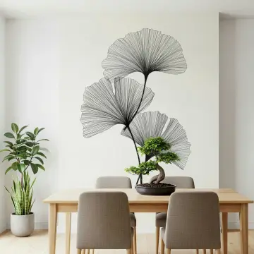 Minimalist Ginkgo Leaf Line Art Wall Mural