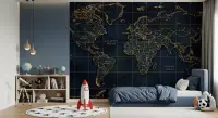 Navy and Gold World Map Wall Mural for Kids Room