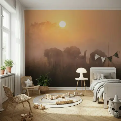 Misty Savannah Elephant Herd Wall Mural