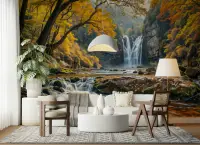 Golden Autumn Waterfall Scenic Mural