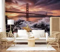Dramatic Golden Gate Sunset Waves Wall Mural