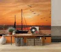 Vibrant Golden Sunset Sailboat Ocean Wall Mural