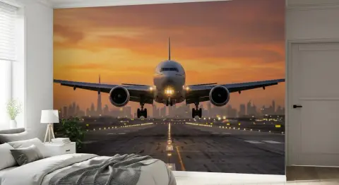 Golden Hour City Lights Airplane Wall Mural
