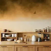 Golden Hour Grassland with Flying Heron Wall Mural