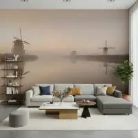 Misty Lake Windmills Scenic Wall Mural