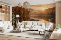 Autumn Sunset Lake with Rustic Boat Wall Mural