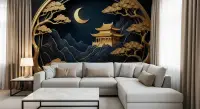 Golden Oriental Temple and Moon Wall Mural