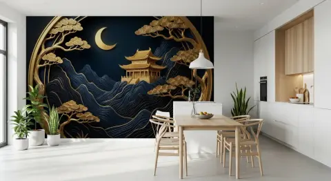 Golden Oriental Temple and Moon Wall Mural