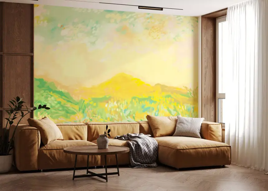 Golden Meadow Whispers Soft Impressionism Charcoal Strokes Wall Mural
