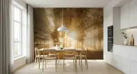 Golden Sunbeams Through Misty Forest Wall Mural