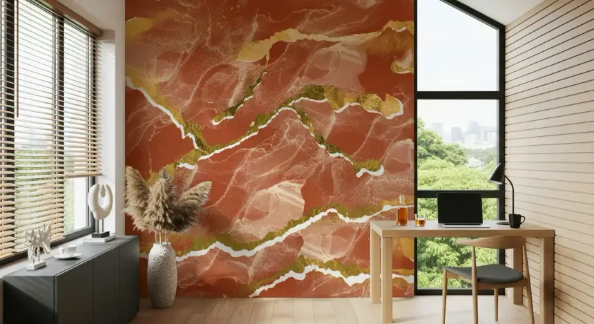 Golden Veins Burnt Sienna Marble - Modern Luxe Abstract Wall Mural