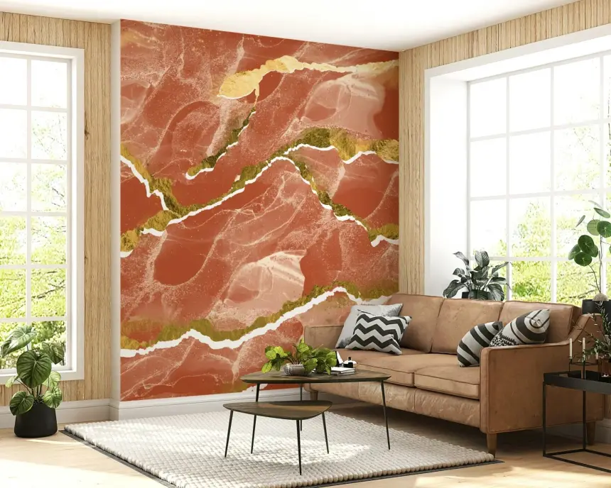 Golden Veins Burnt Sienna Marble - Modern Luxe Abstract Wall Mural