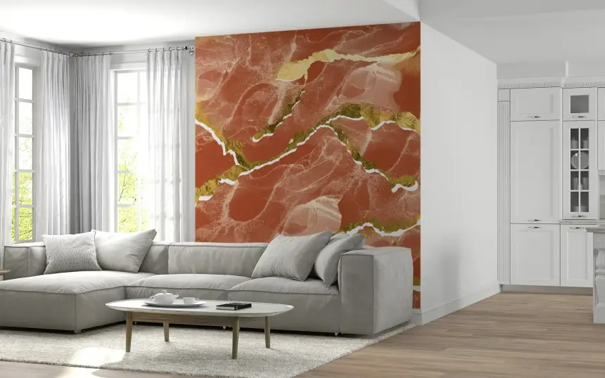 Golden Veins Burnt Sienna Marble - Modern Luxe Abstract Wall Mural