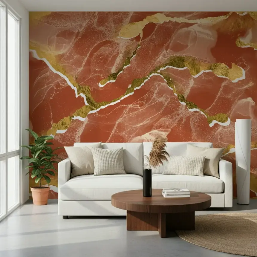 Golden Veins Burnt Sienna Marble - Modern Luxe Abstract Wall Mural