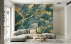 Luxurious Abstract Teal and Gold Marble Effect Wall Mural