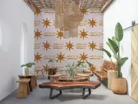 Hand-Painted Golden Sun and Wave Motif Wallpaper