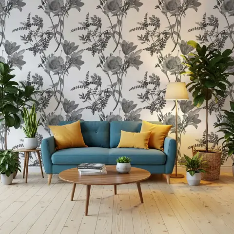 Monochrome Botanical Floral Wallpaper