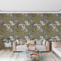 Olive Green Vintage Botanical Floral Wallpaper