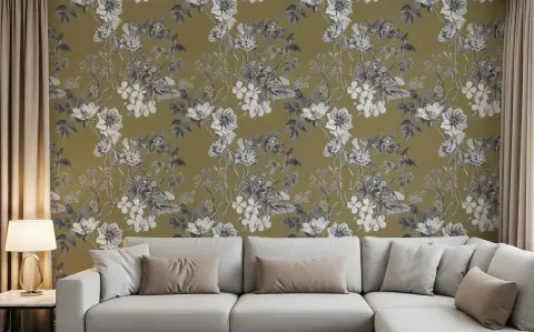 Olive Green Vintage Botanical Floral Wallpaper