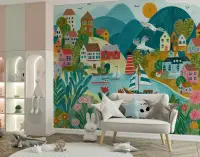 Playful Coastal Village Scenic Wall Mural