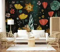 Midnight Bloom Artistic Floral Pattern Wall Mural
