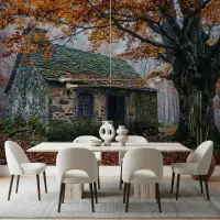 Misty Autumn Forest Cottage Wall Mural