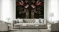 Elegant Dark Floral and Bird Motif Wall Mural