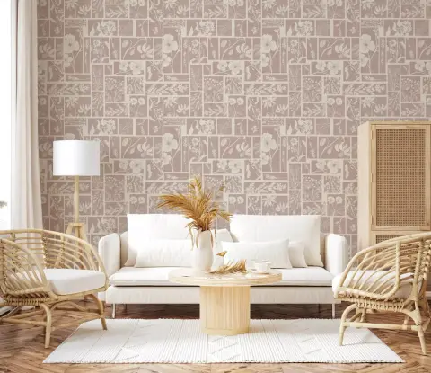 Botanical Grid Pattern Wallpaper in Muted Pink