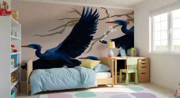 Elegant Blue Herons and Floral Branches Wall Mural