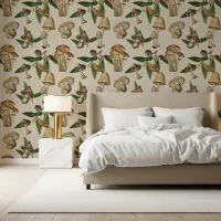 Vintage Botanical Mushroom and Acorn Pattern Wallpaper