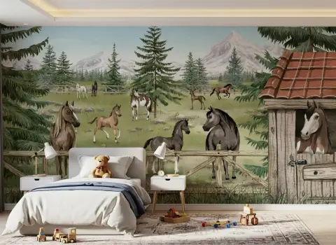 Playful Horses in Mountain Meadow Kids Wall Mural