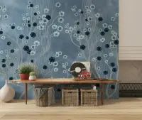 Contemporary Indigo Floral Tree Wall Mural